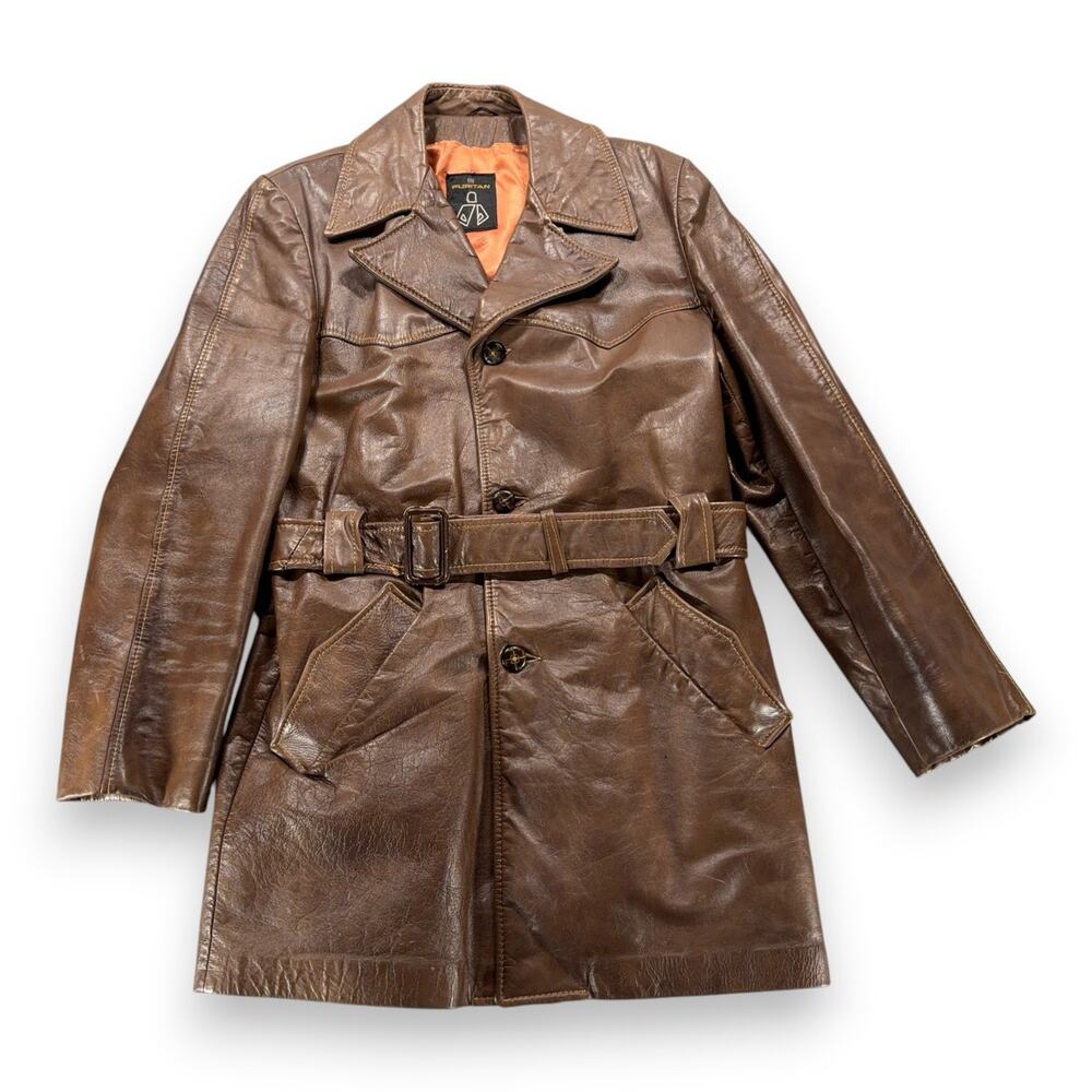 Vintage Puritan Coat Adult MEDIUM Brown Leather Belted Spy Car Coat Belted 70s